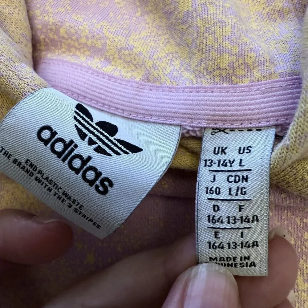 Adidas Girls Crop Hoodie Size Large 13-14 Y Purple Yellow Graphic Print Pullover